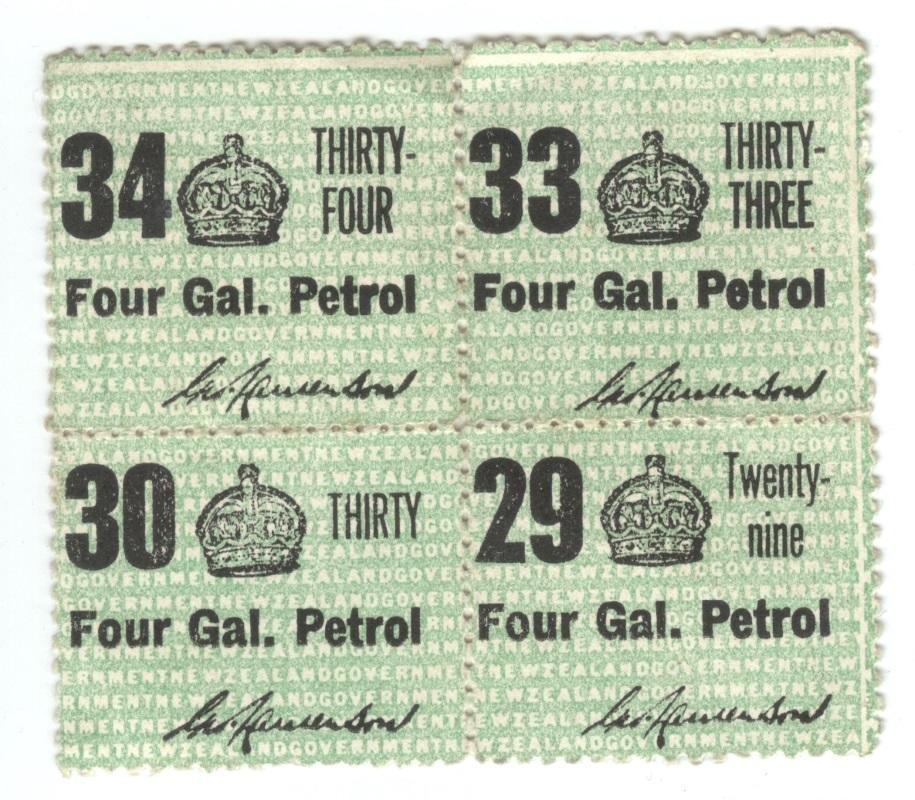 Petrol ration coupons N.Z. c.1940s. Four green paper coupons Te Manawa